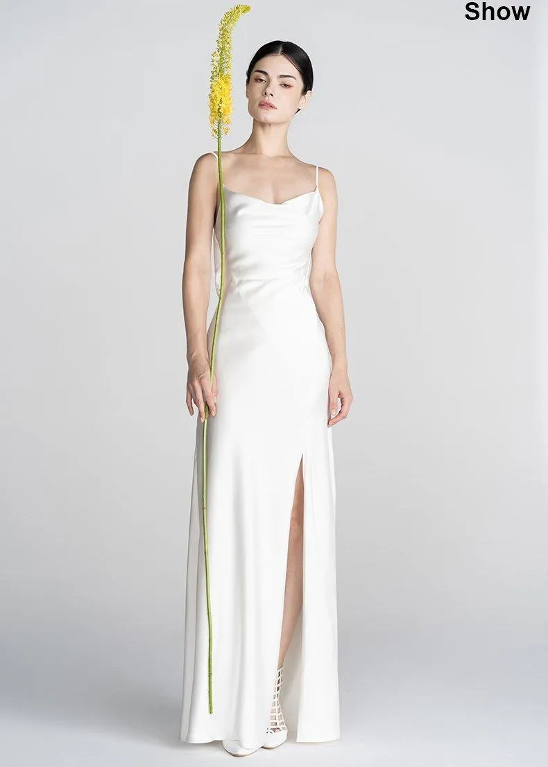 Minimalist classical French Elegant simple slip slit long wedding Bridal Dress - Bomi