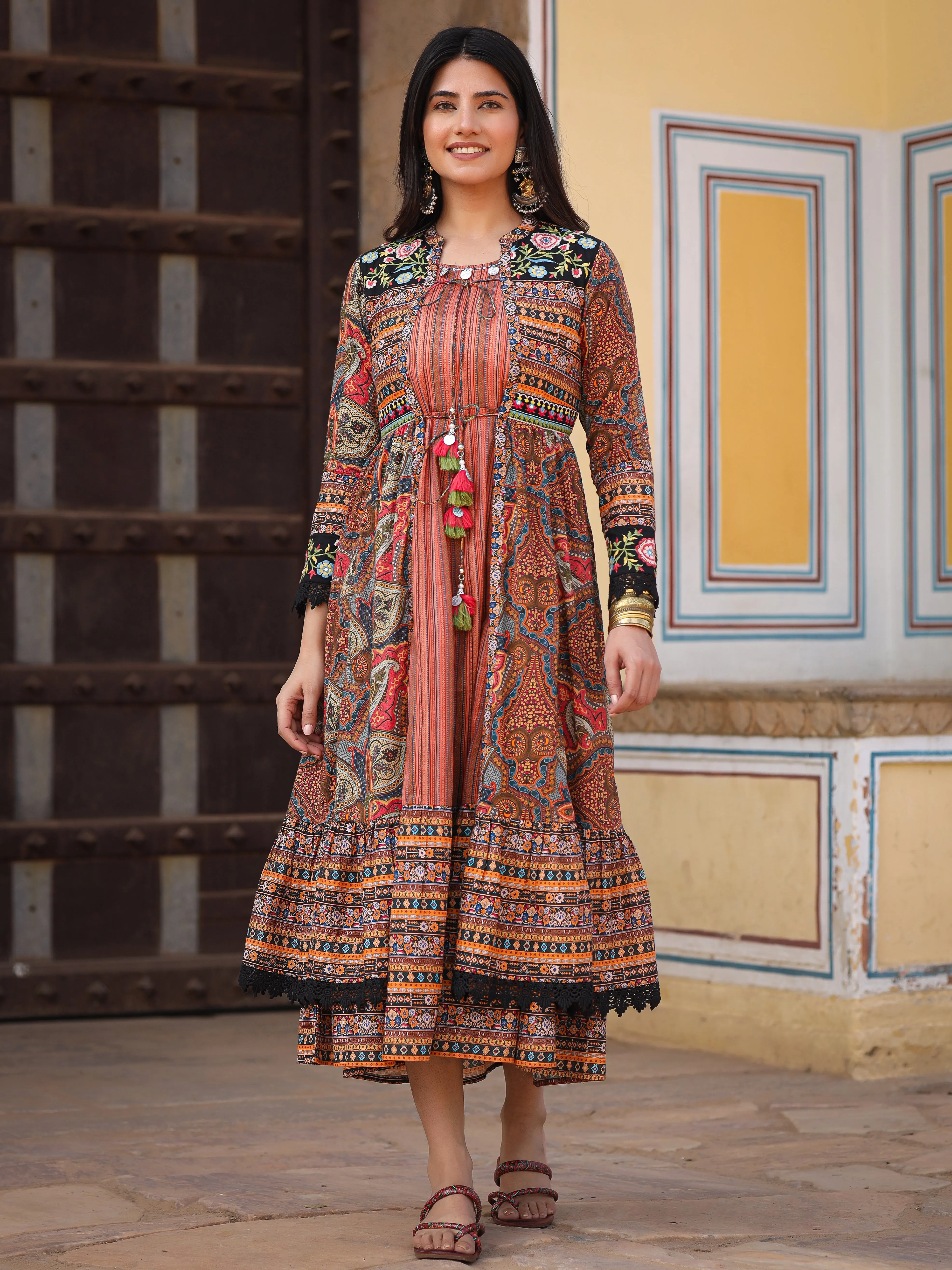 Multi Colored Cotton Maxi Dress with Ethnic Motifs, Embroidered Jacket, and Long Sleeves