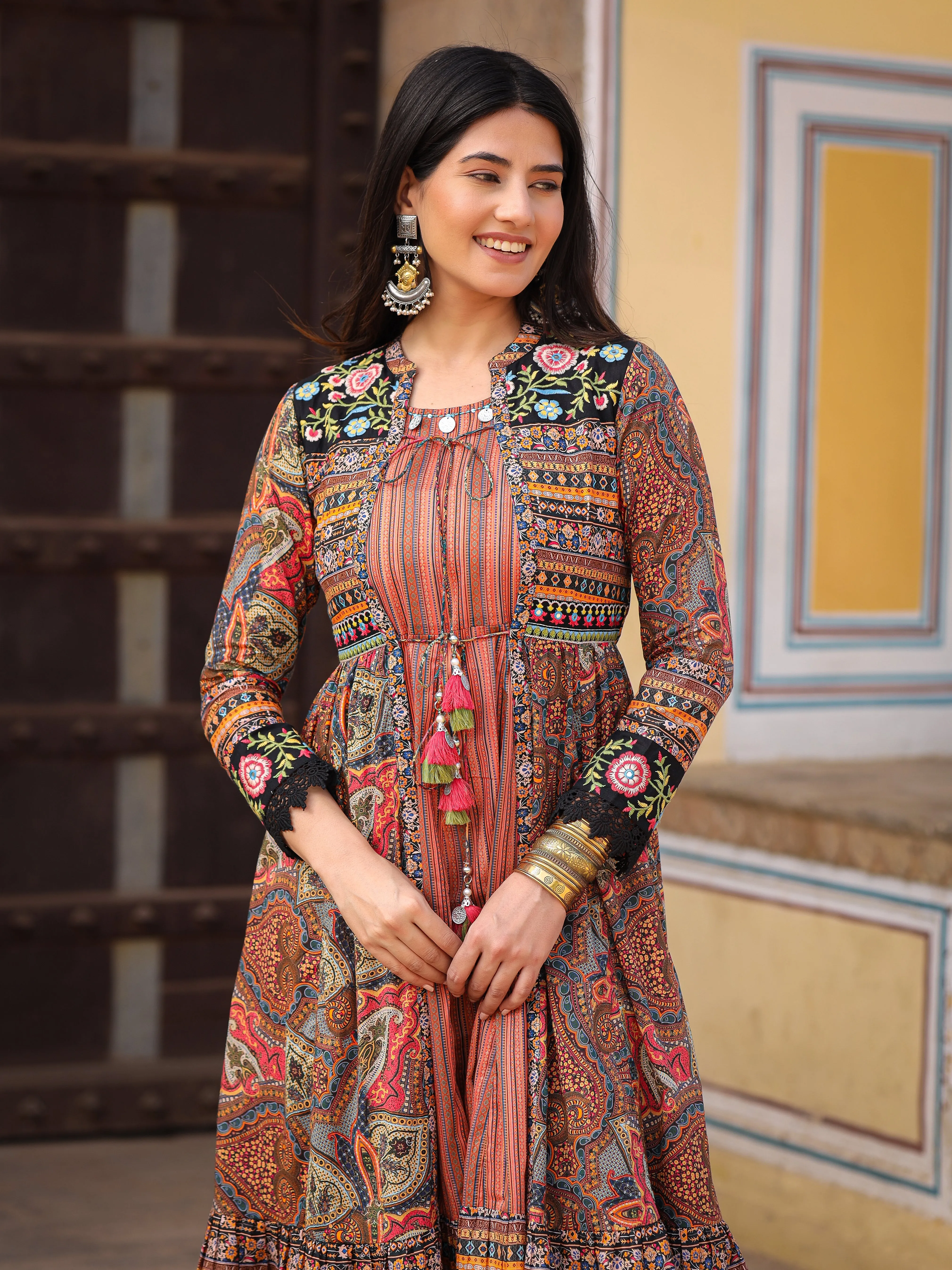 Multi Colored Cotton Maxi Dress with Ethnic Motifs, Embroidered Jacket, and Long Sleeves