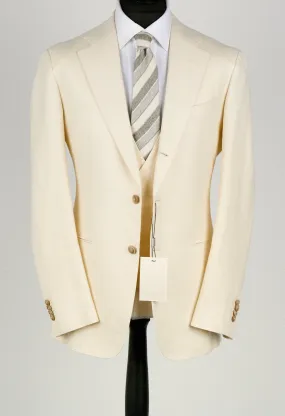 New Suitsupply Havana Jetted Off White Herringbone Wool, Tussah Silk, Linen 3 Piece DB Suit - Size 42L, 46R, 46L (Final Sale)