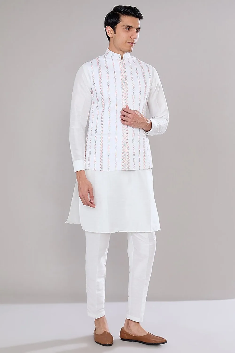 Off White Embroidered Kurta Jacket Set