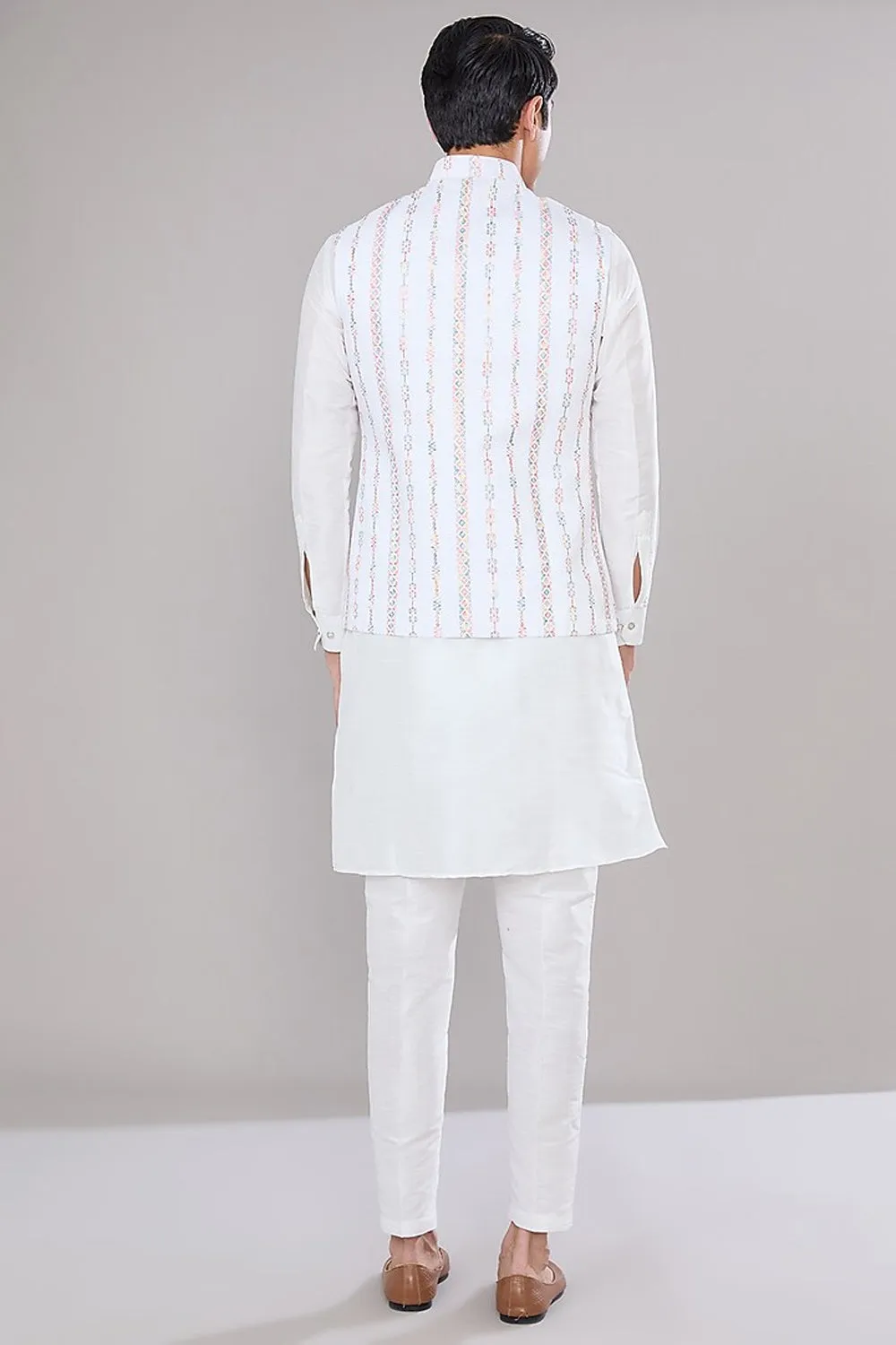 Off White Embroidered Kurta Jacket Set