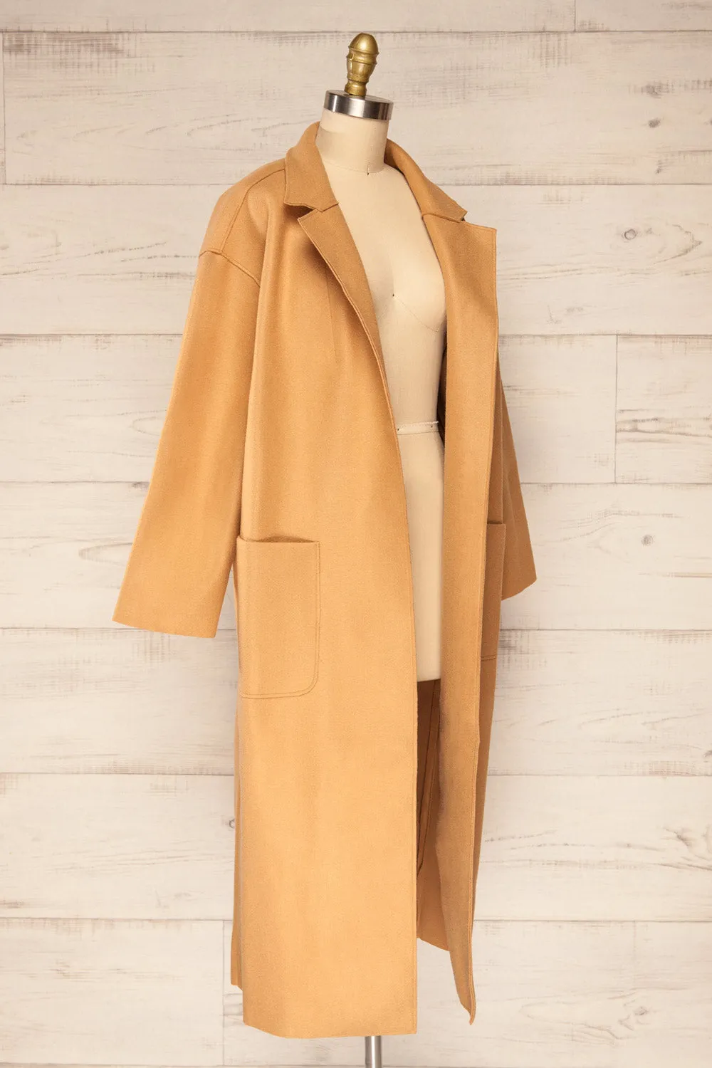 Oia Camel | Open Front Trench Coat