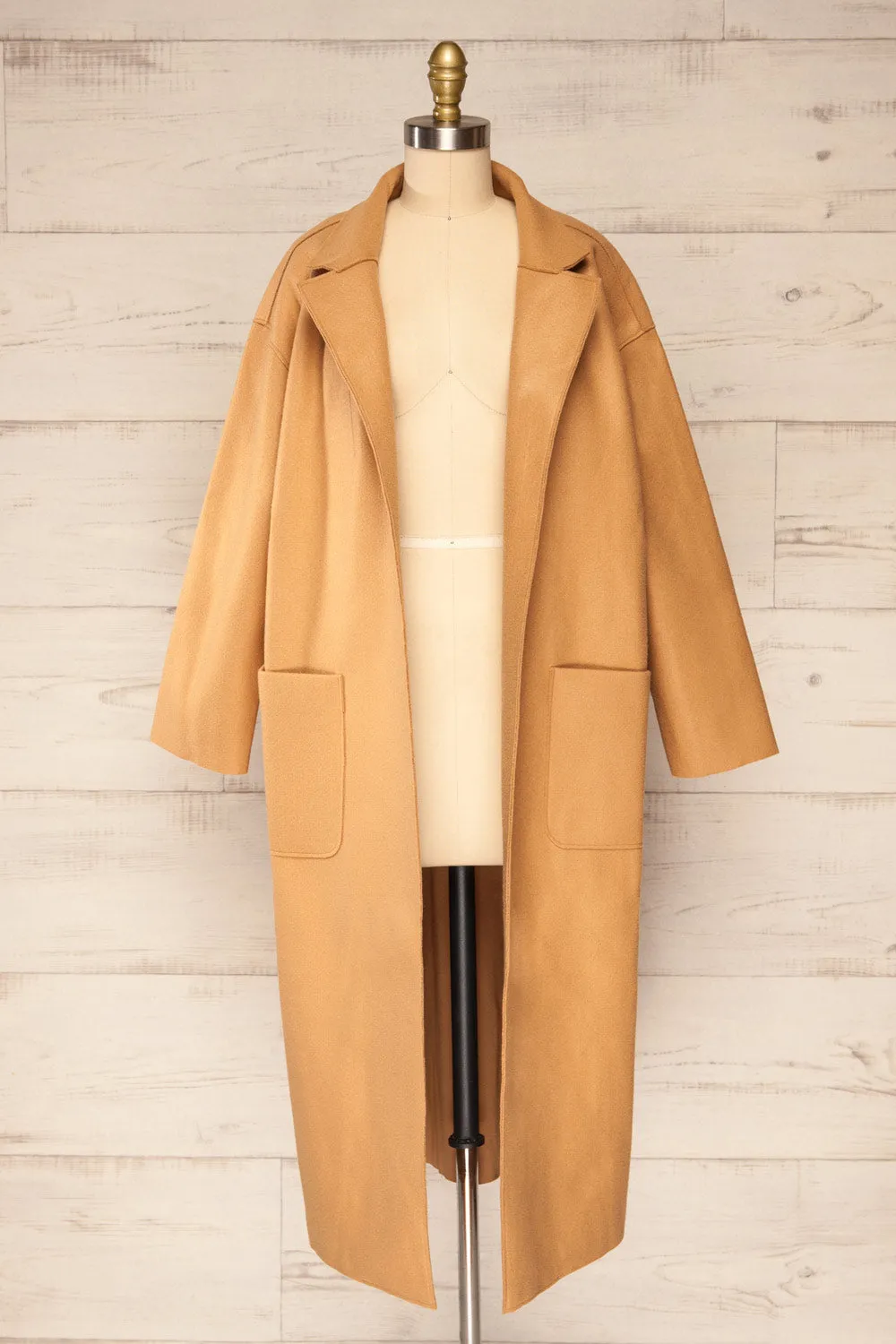 Oia Camel | Open Front Trench Coat