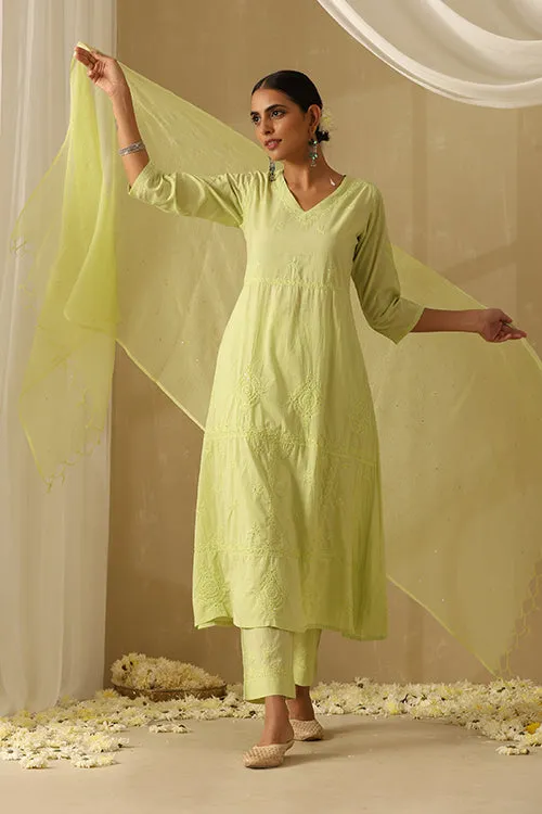 Okhai "Muntazir" Chikankari and Mukaish work Pure Cotton Kurta Pant Set with Dupatta