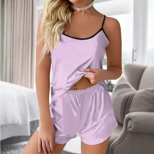 Pajama Sets for Women 2 Piece Soft Cami Pj Top And Shorts Pajama Sets Short Pajamas Cozy Pjs Sleepwear Sexy Lingerie Lounge Silk Tank Cute Satin Night Wear Loungewear(A-Pink,X-Large)