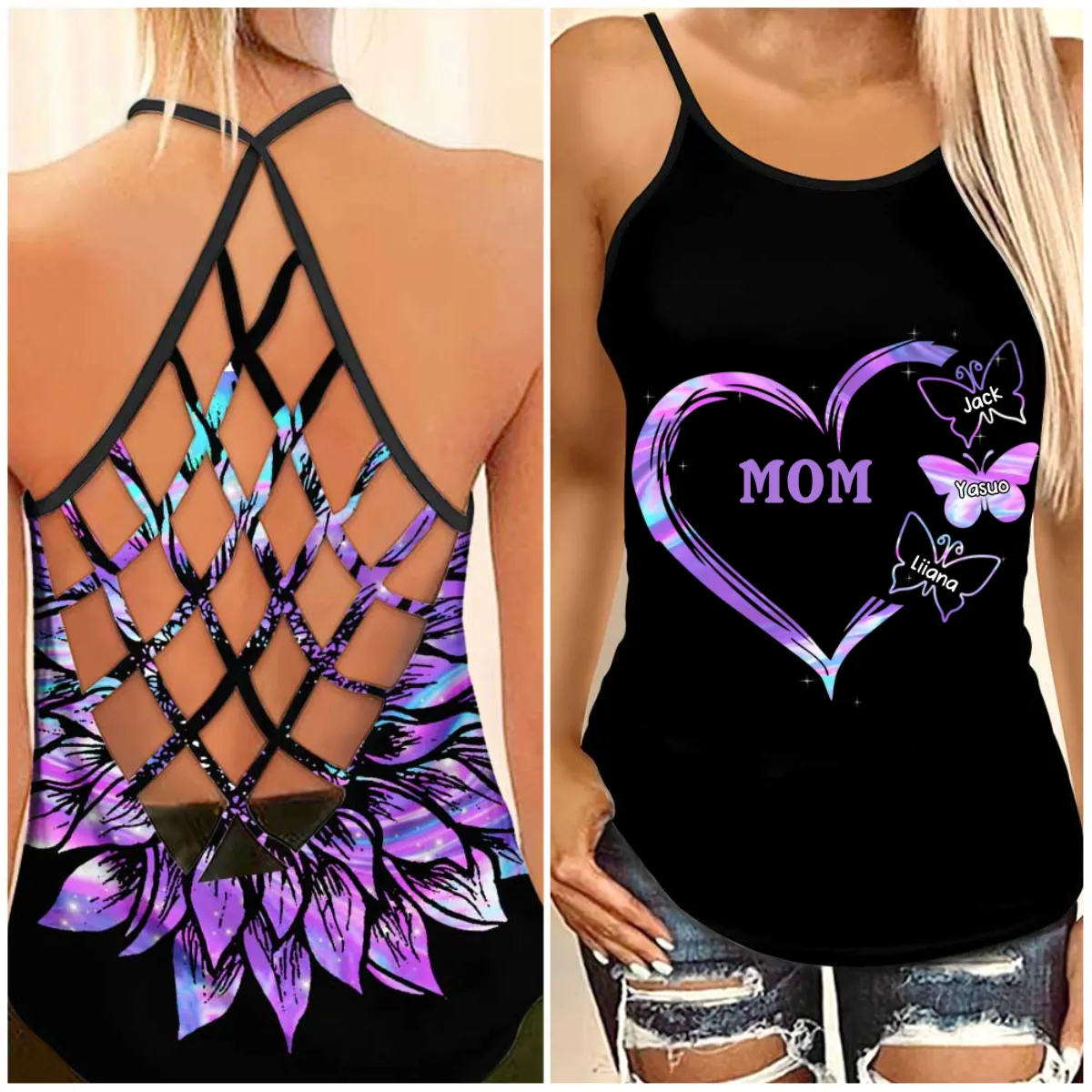 Personalized Grandma Mom Heart Butterfly Kids Cross Tank Top, Butterfly Hologram Shirt