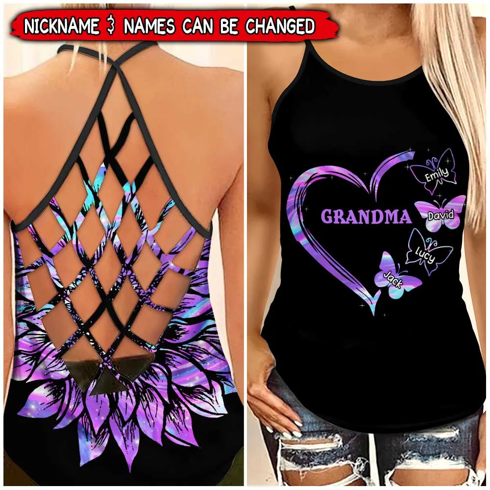 Personalized Grandma Mom Heart Butterfly Kids Cross Tank Top, Butterfly Hologram Shirt