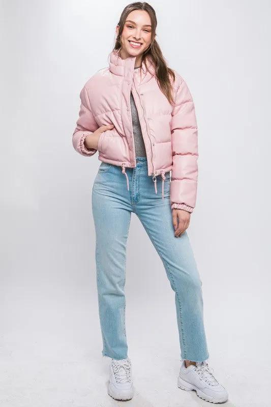 Pink PU Faux Leather Puffer Jacket With Snap Closure