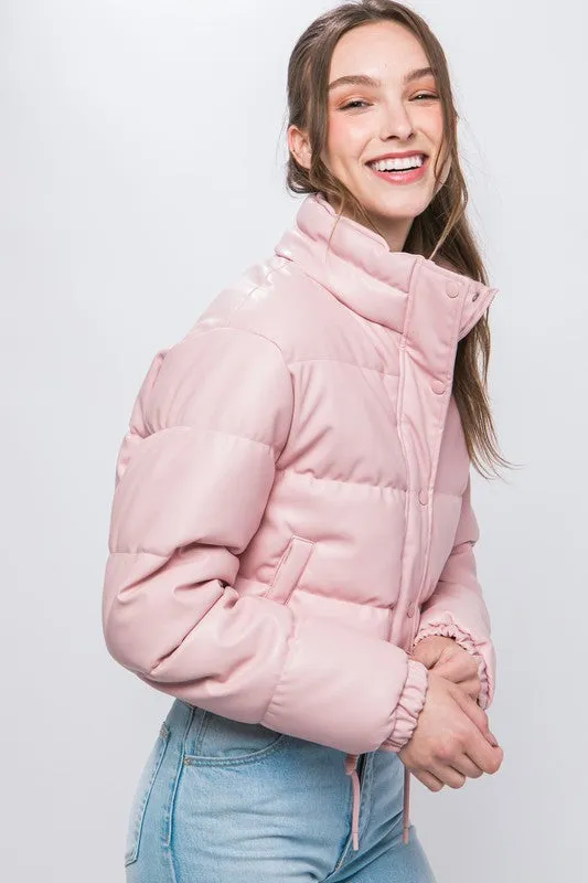 Pink PU Faux Leather Puffer Jacket With Snap Closure