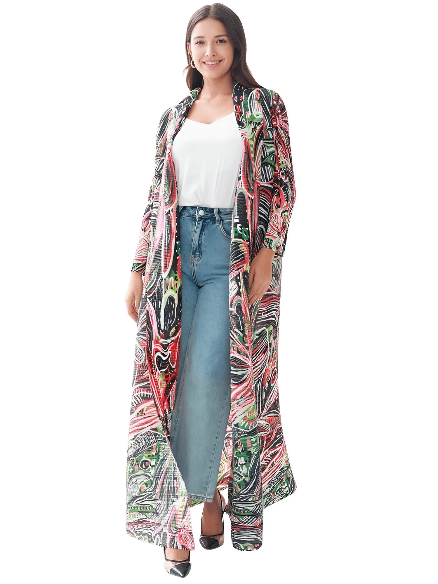 Pleated Vintage Long Jacket Women Printed Long Sleeve Designer New Dubai Style Plus Size Coats