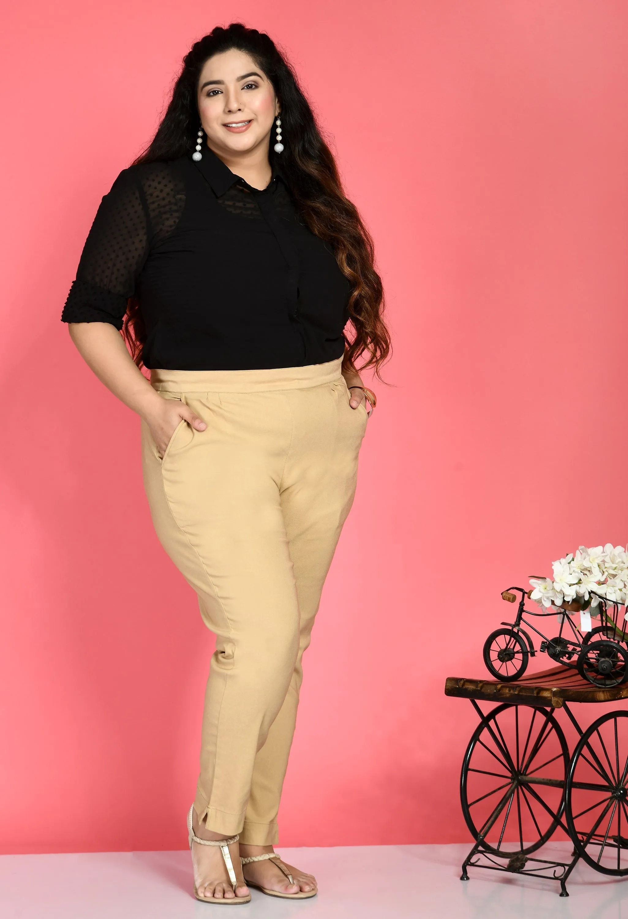 Plus Size Plus Size Beige Lycra Trousers