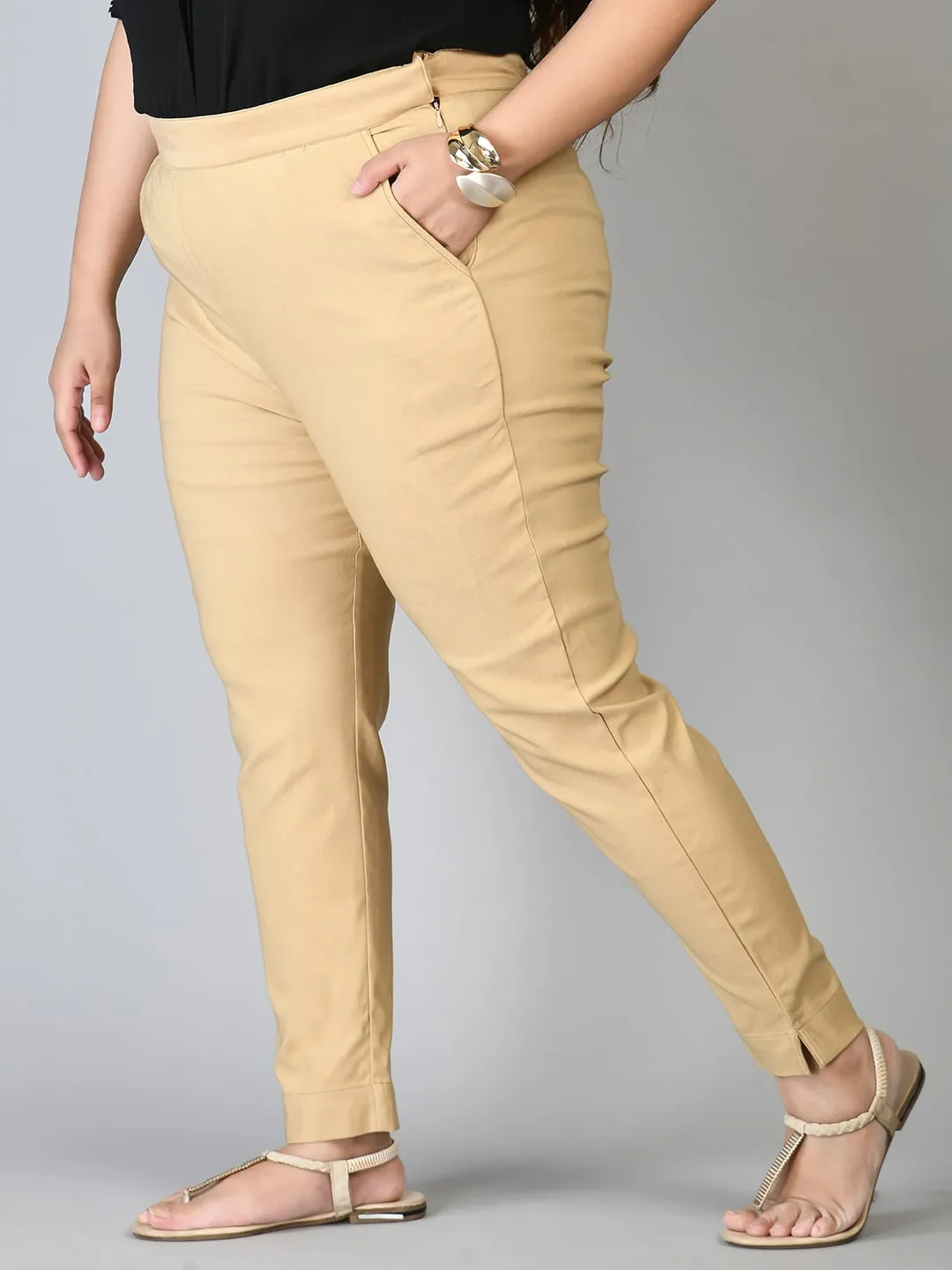 Plus Size Plus Size Beige Lycra Trousers