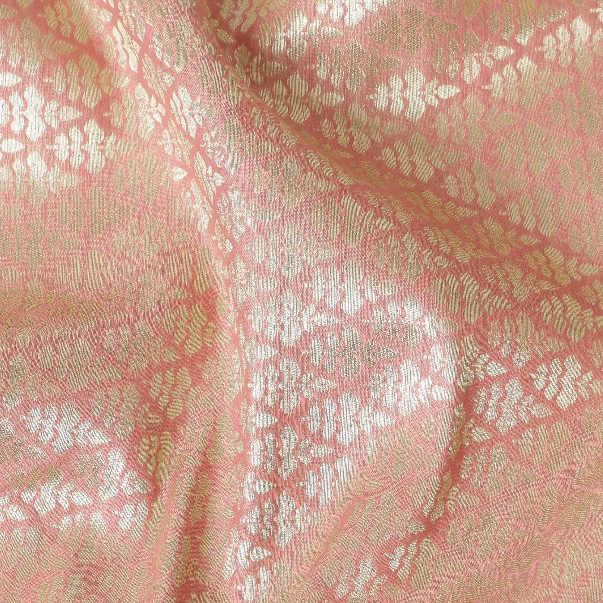 Punch pink synthetic brocade with gold metallic lurex in leaf design-D11327