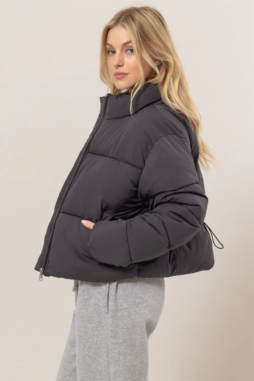 Quilted Back Drawstring Puffer Jacket | Black