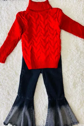 Red girl's turtleneck knit sweater DLH2