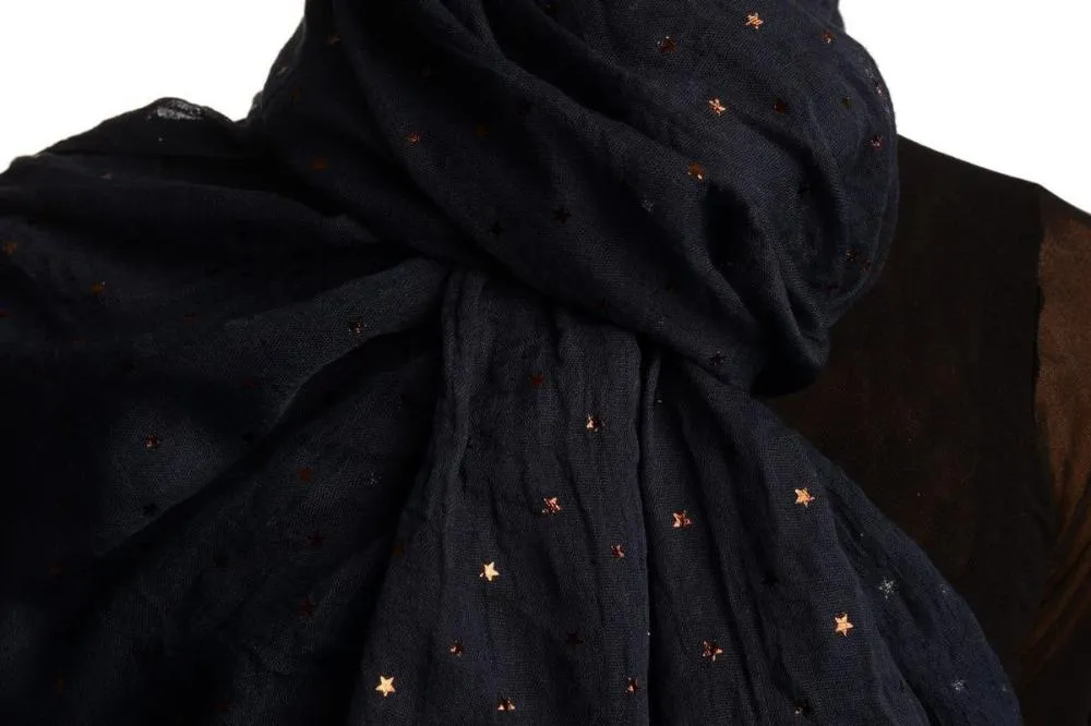 Red Gold Printed Stars On Denim Blue Scarf