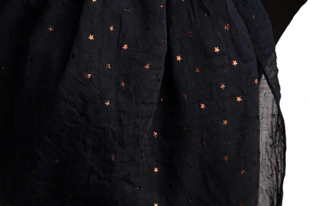 Red Gold Printed Stars On Denim Blue Scarf