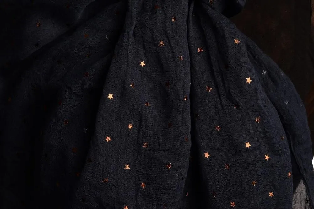 Red Gold Printed Stars On Denim Blue Scarf