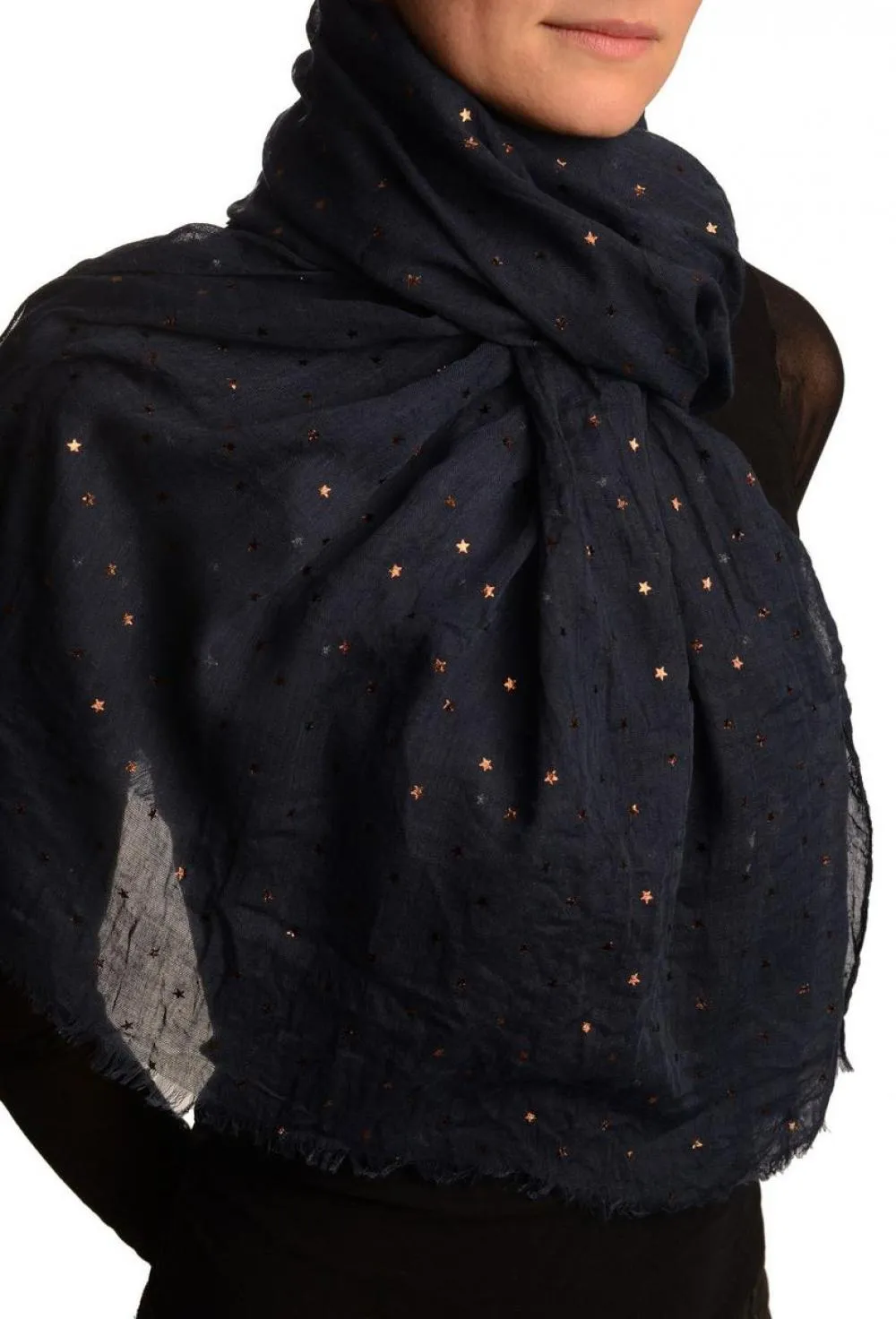 Red Gold Printed Stars On Denim Blue Scarf