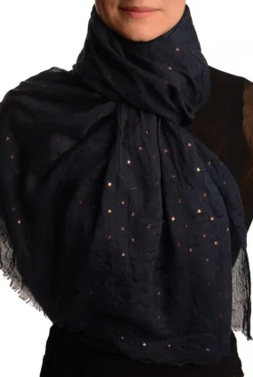 Red Gold Printed Stars On Denim Blue Scarf