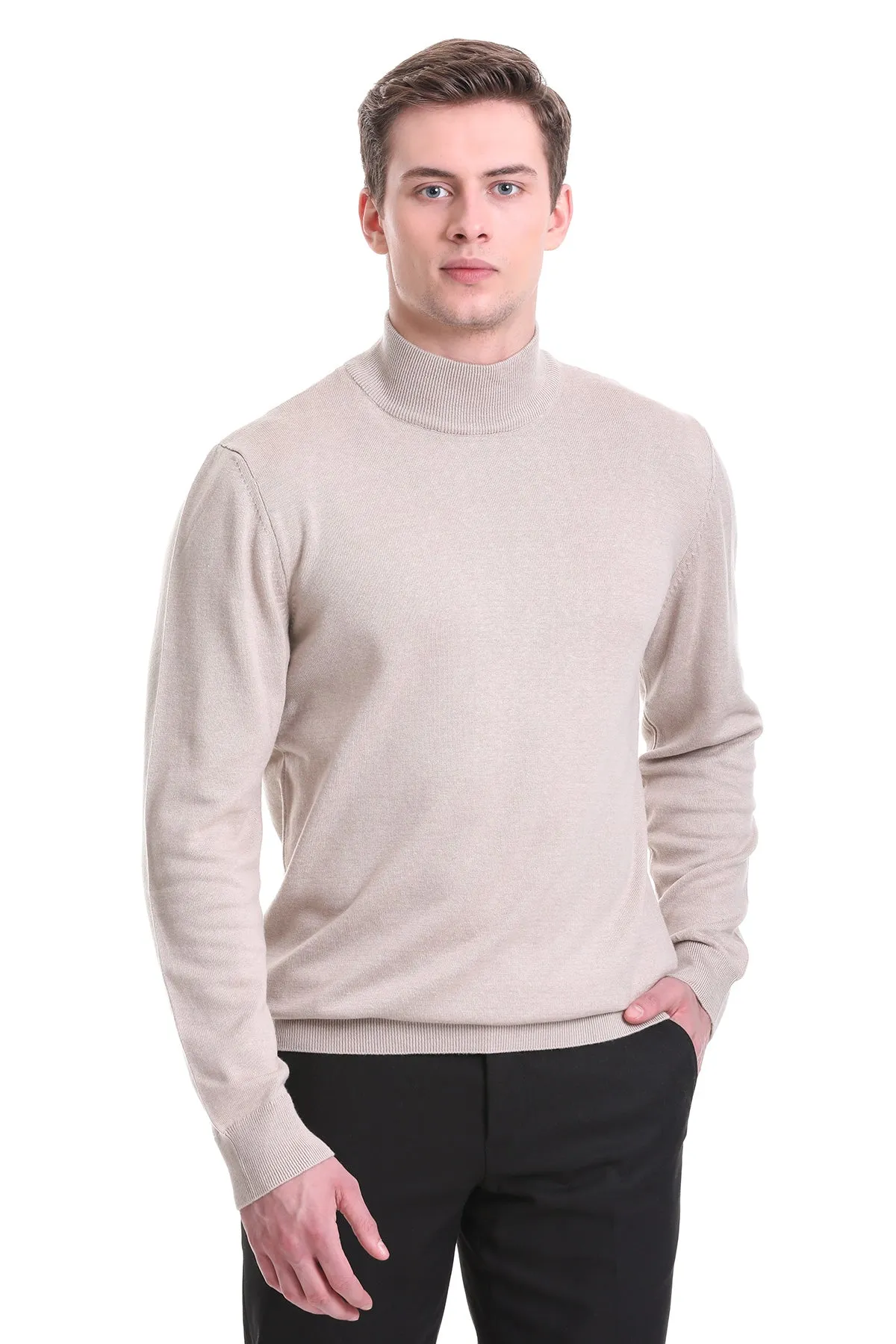 Regular Fit Beige Cotton Blend Mock Neck Sweater