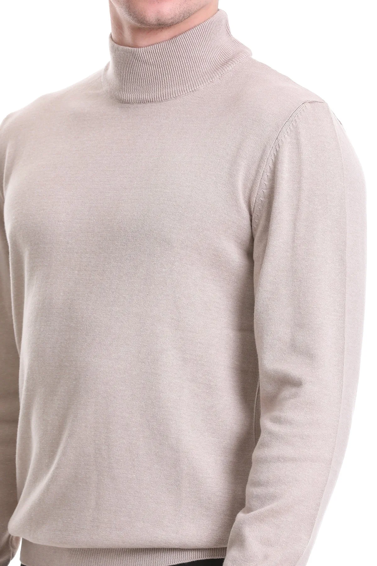 Regular Fit Beige Cotton Blend Mock Neck Sweater