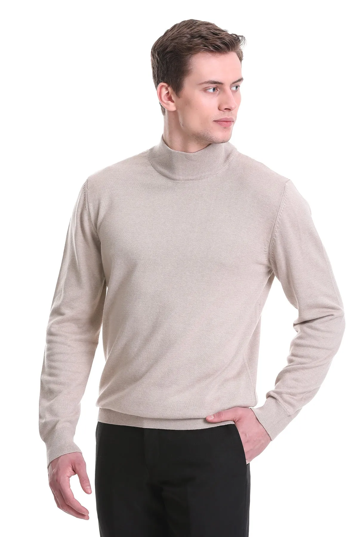 Regular Fit Beige Cotton Blend Mock Neck Sweater