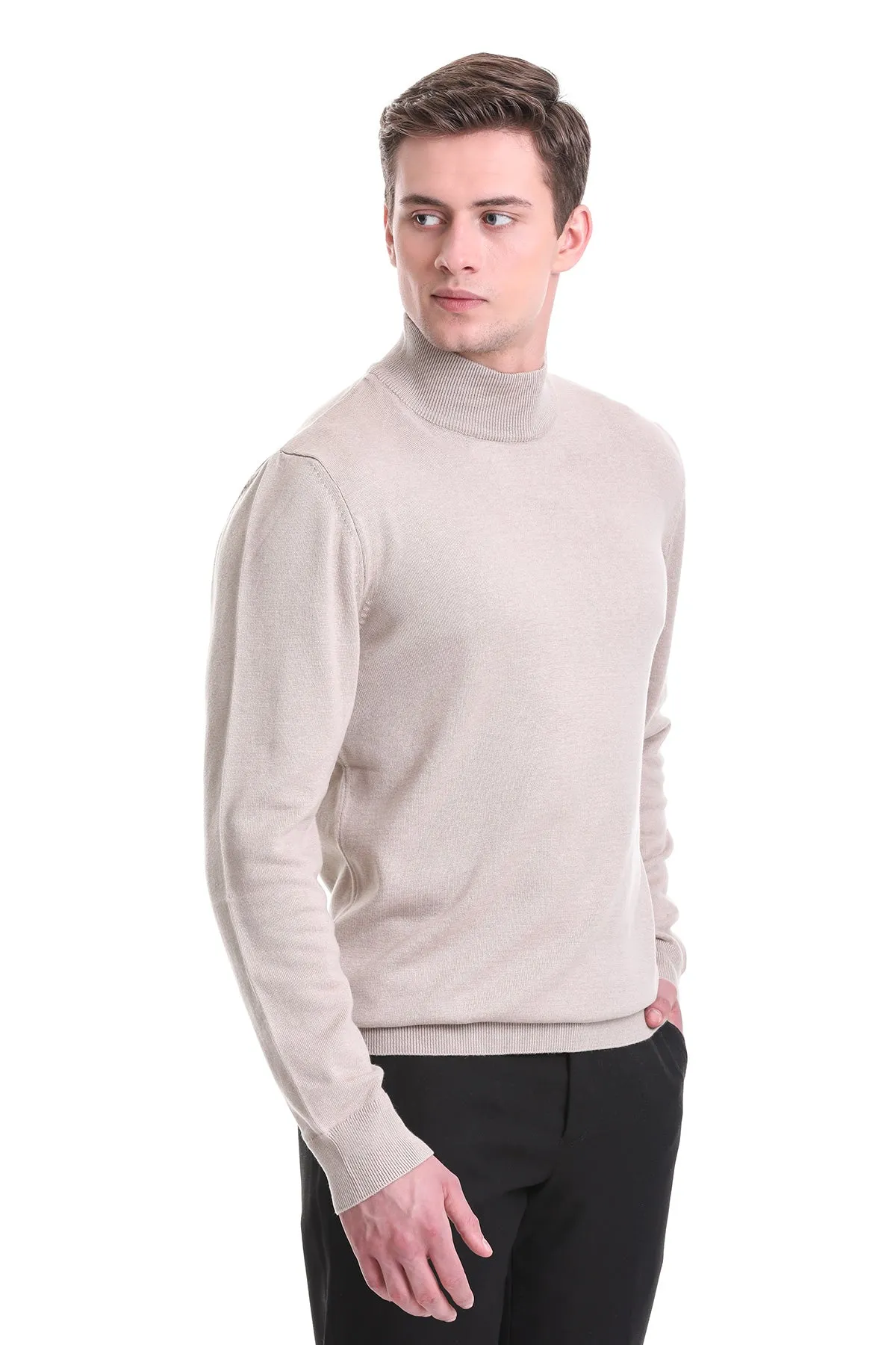 Regular Fit Beige Cotton Blend Mock Neck Sweater