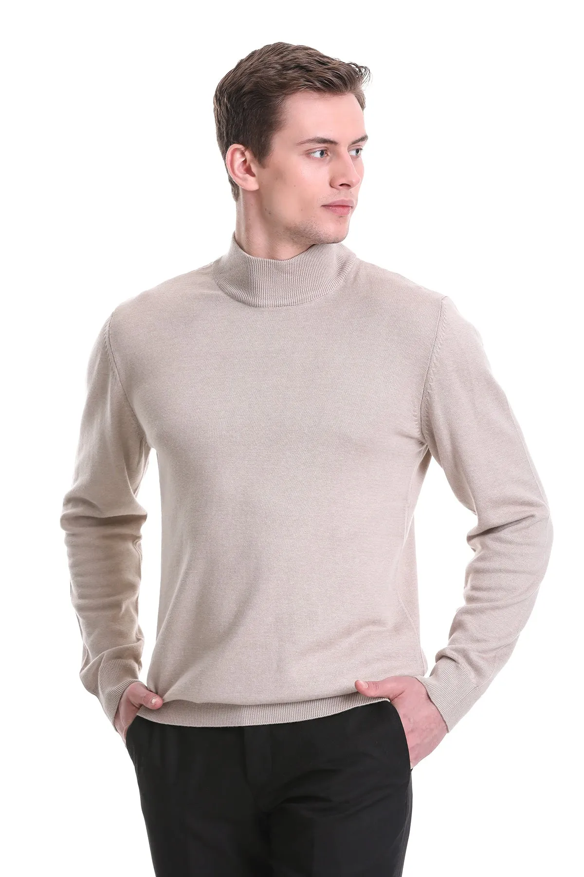 Regular Fit Beige Cotton Blend Mock Neck Sweater