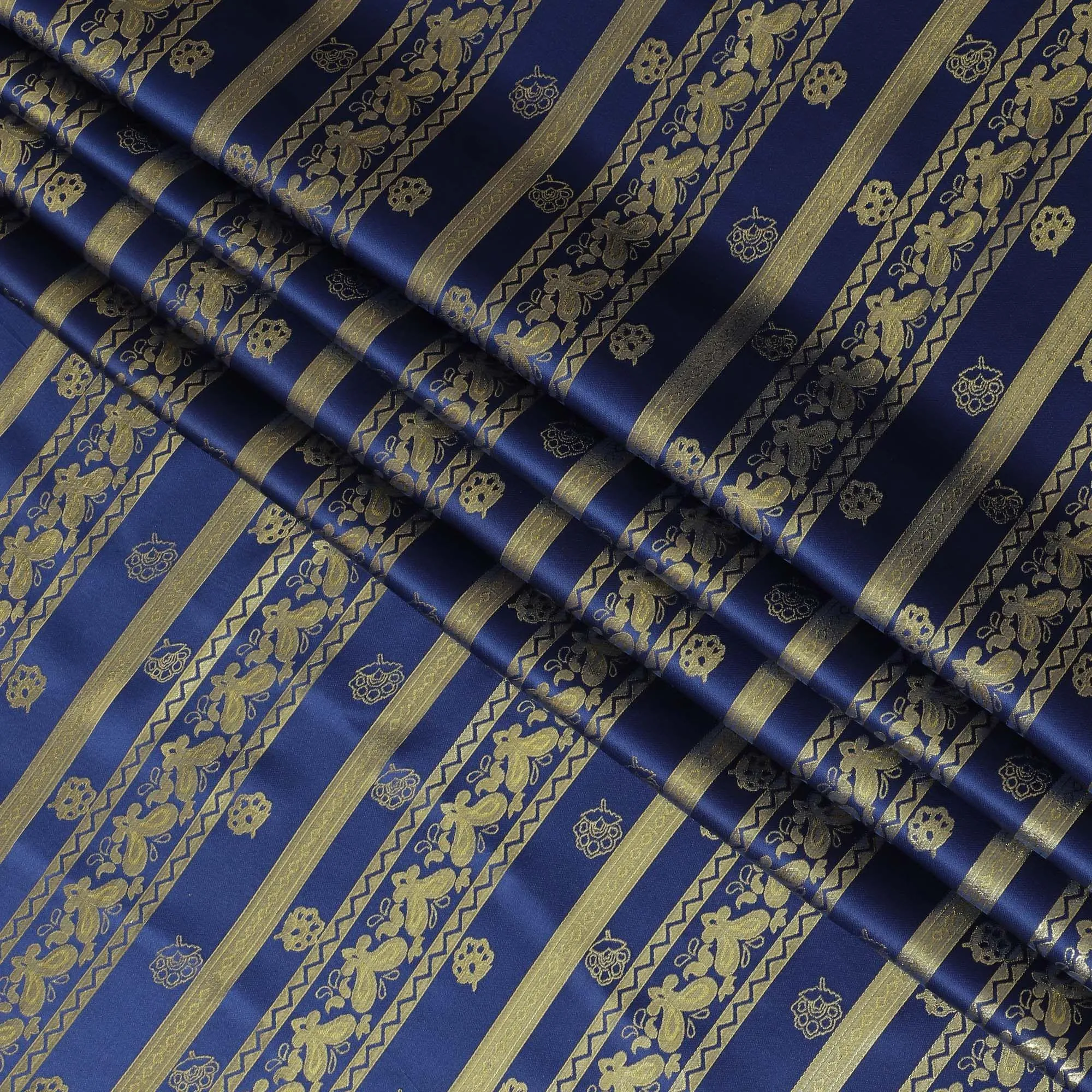 Royal blue pure silk satin fabric with same tone and gold film metallic in stripe design-D11053