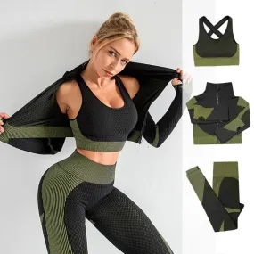 Seamless Gym Set Women 3PCS Fitness Workout Sports Bra Active Wear Crop Top Leggings Tracksuit Yoga Set Womens 3 Piece Outfits