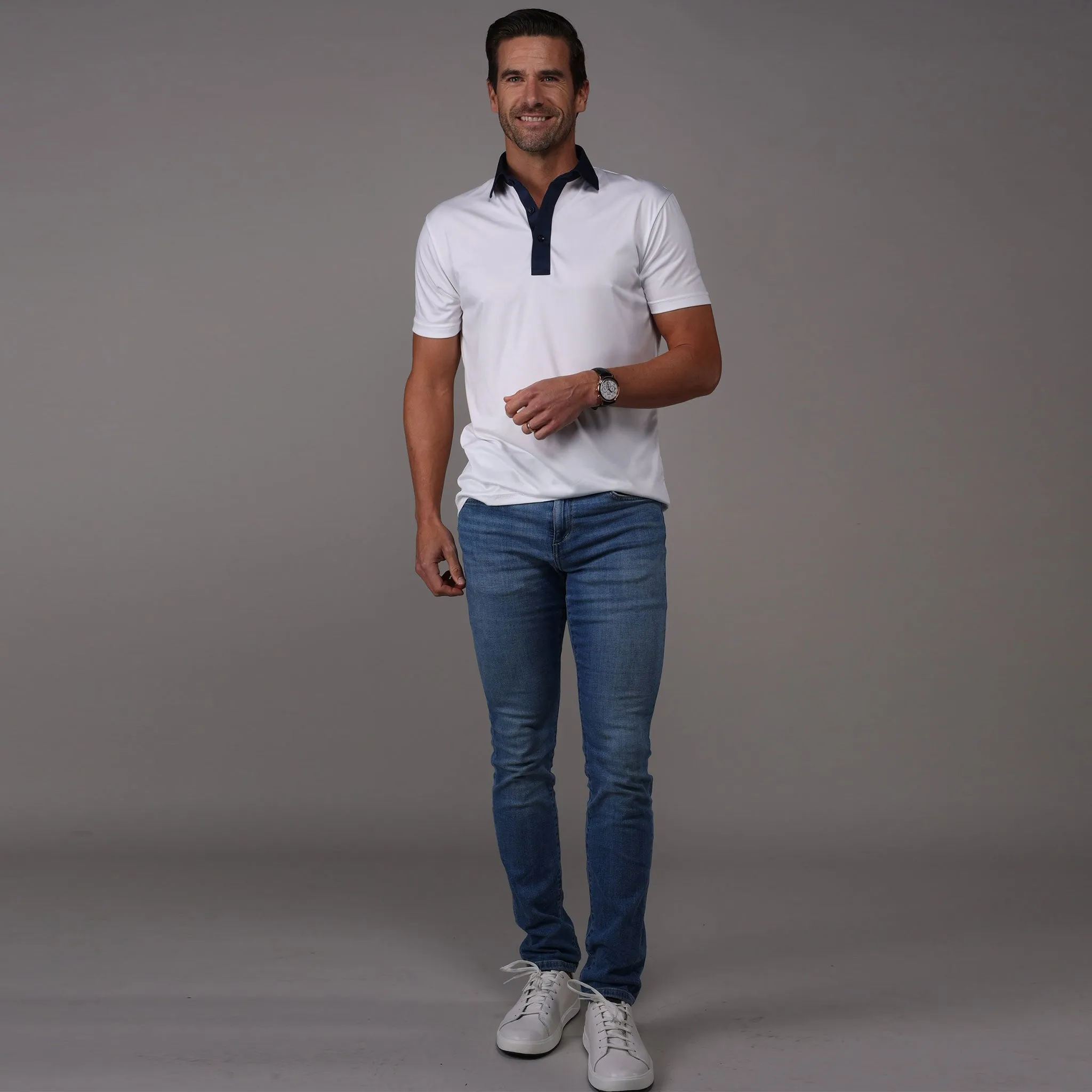 Semi-Spread Collar Polo Austin White with Navy Accent