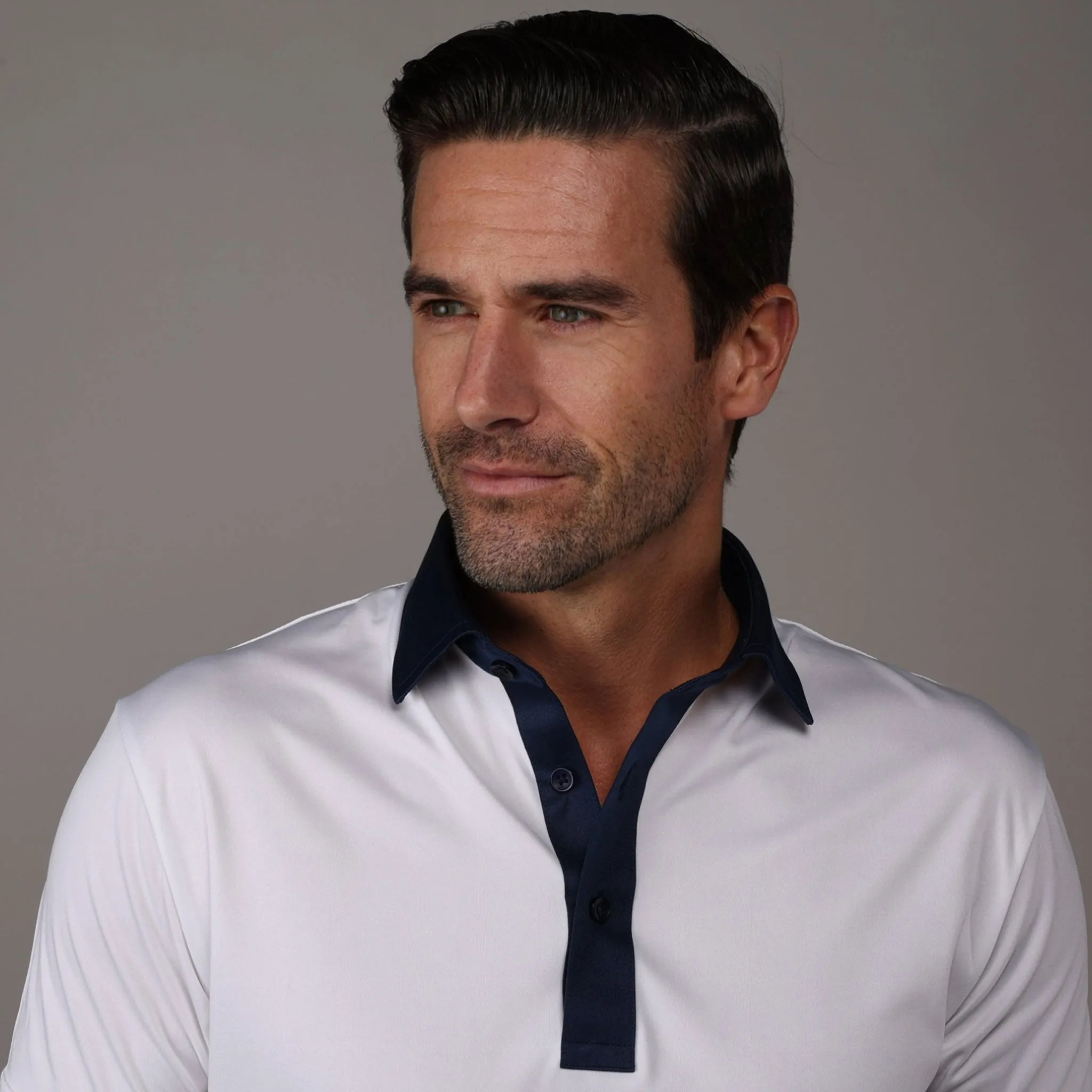 Semi-Spread Collar Polo Austin White with Navy Accent