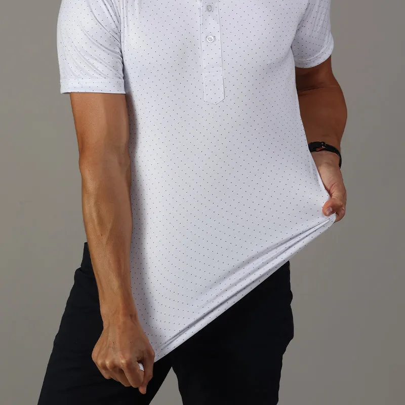 Semi-Spread Collar Polo White Navy Polka Dot