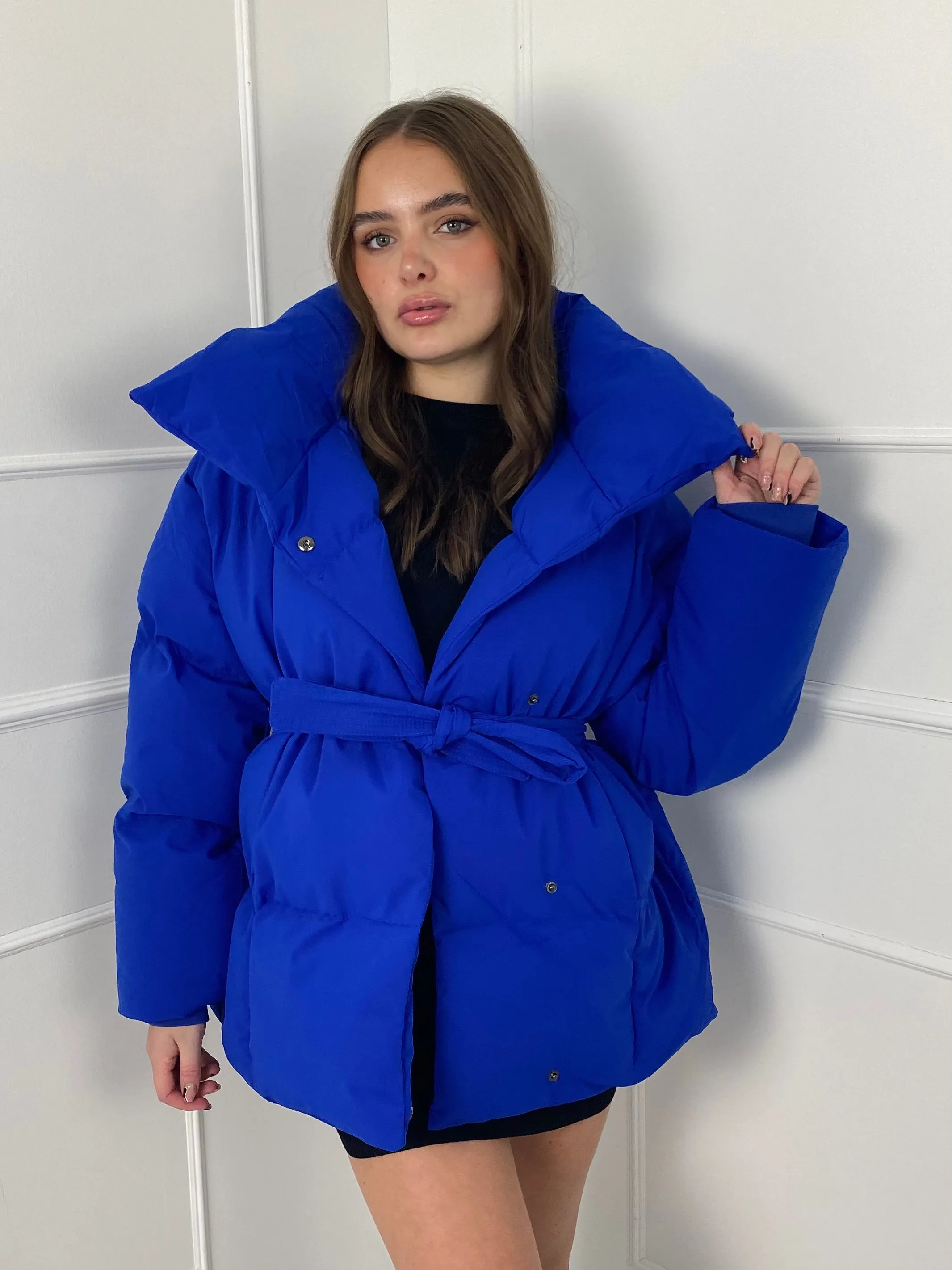 Short Belted Puffer Jacket - Royal Blue