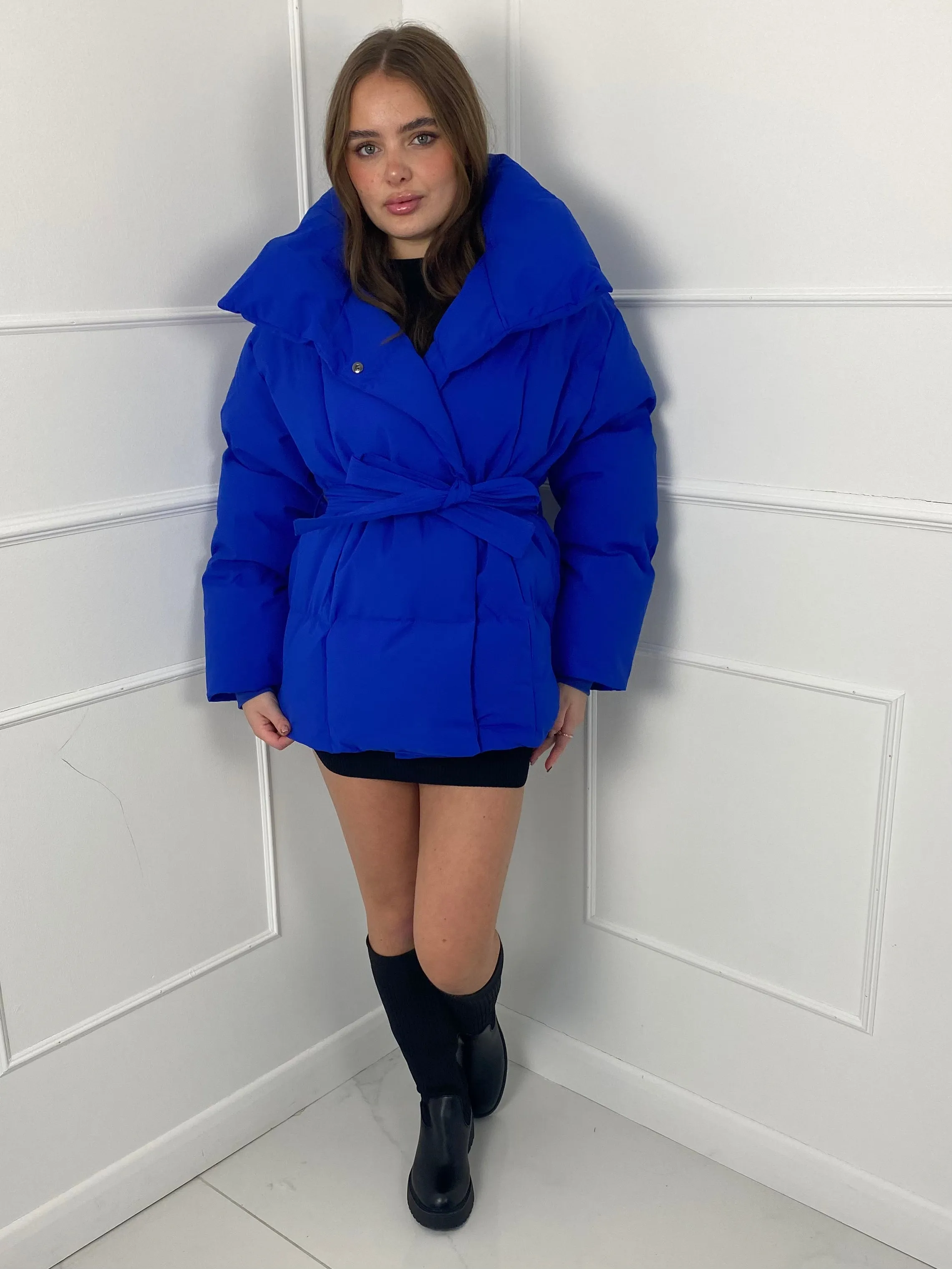 Short Belted Puffer Jacket - Royal Blue