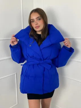 Short Belted Puffer Jacket - Royal Blue