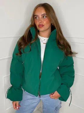 Short Tie Cuff Detail Puffer Jacket- Green