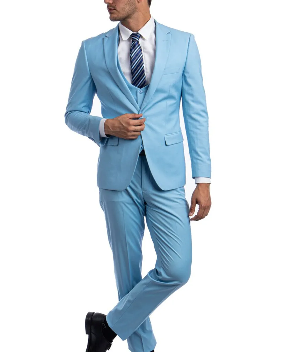 Sky Blue Slim Fit Men's Suit with Vest Set