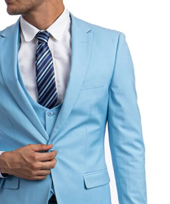 Sky Blue Slim Fit Men's Suit with Vest Set