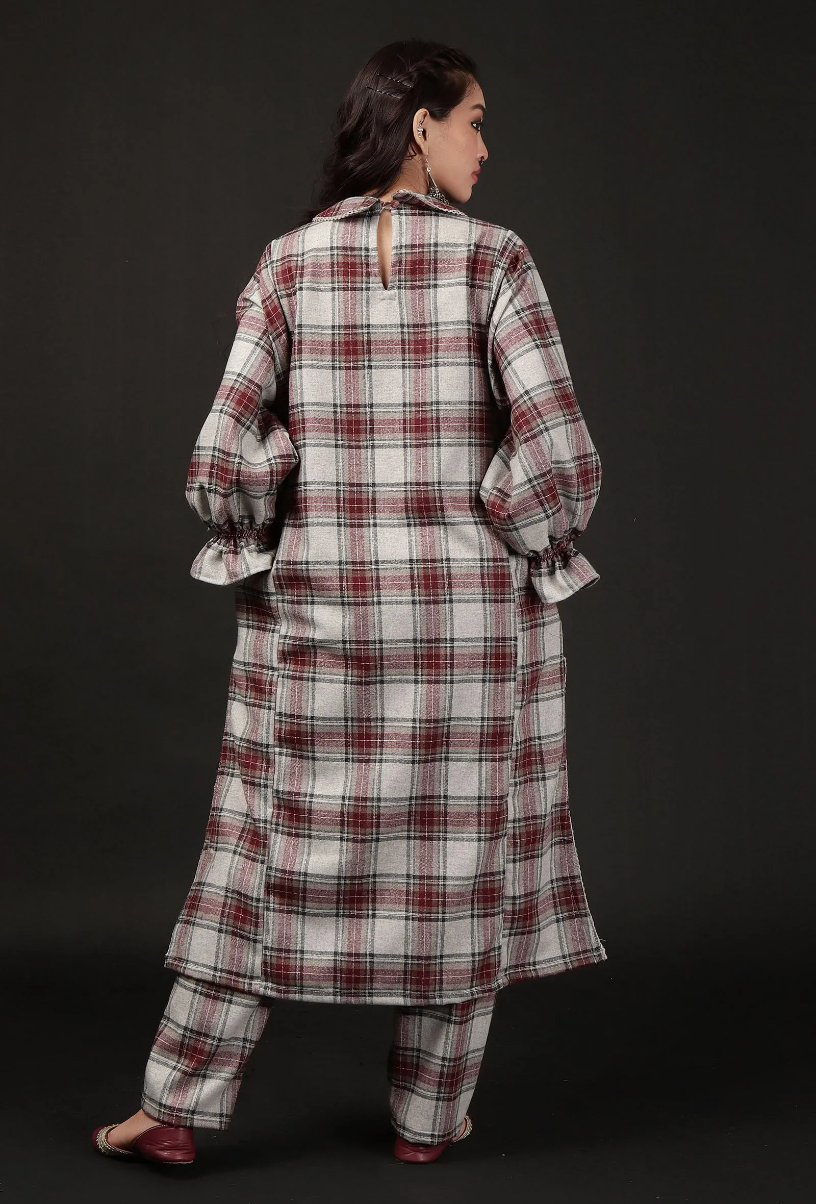 Smoke Grey Woven Tartan Checks Phiran Kurta With Pockets