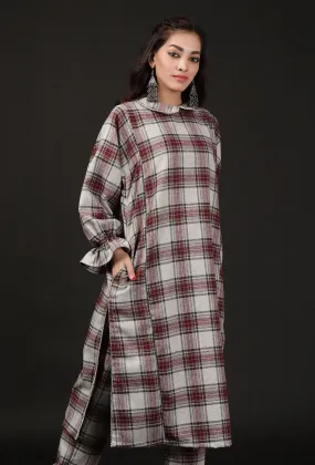 Smoke Grey Woven Tartan Checks Phiran Kurta With Pockets