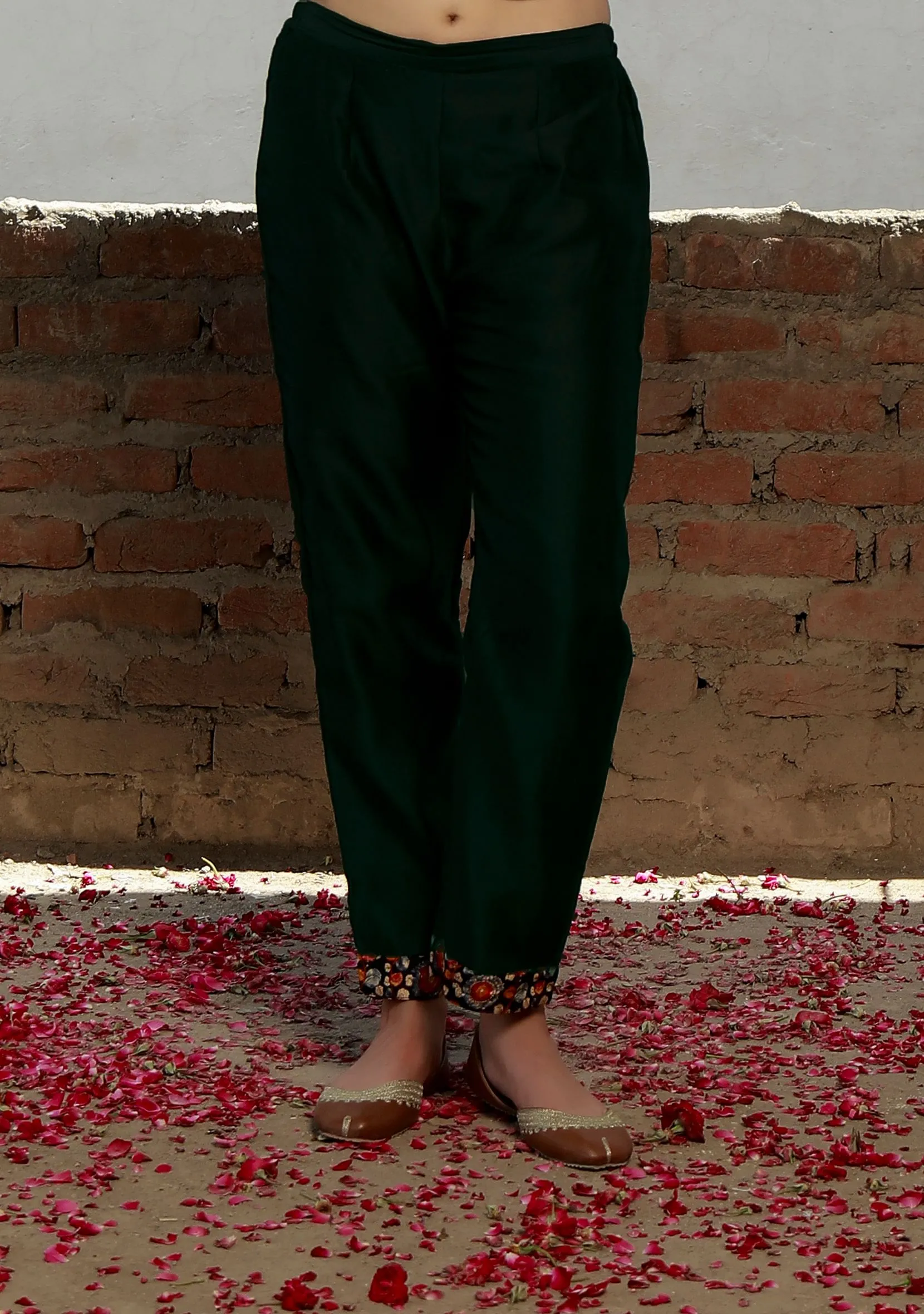 Solid Green Chanderi Narrow Pants