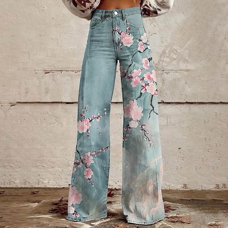 Sonicelife 2000s fashion 2024 New 3D Thermal Transfer Flared Pants Simulation Denim Trousers Loose Pants