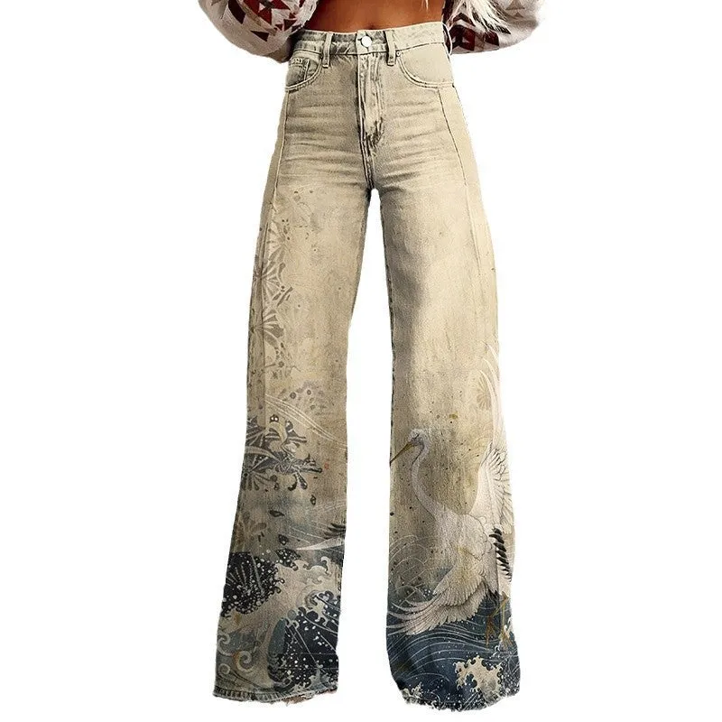 Sonicelife 2000s fashion 2024 New 3D Thermal Transfer Flared Pants Simulation Denim Trousers Loose Pants