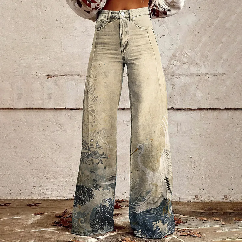 Sonicelife 2000s fashion 2024 New 3D Thermal Transfer Flared Pants Simulation Denim Trousers Loose Pants