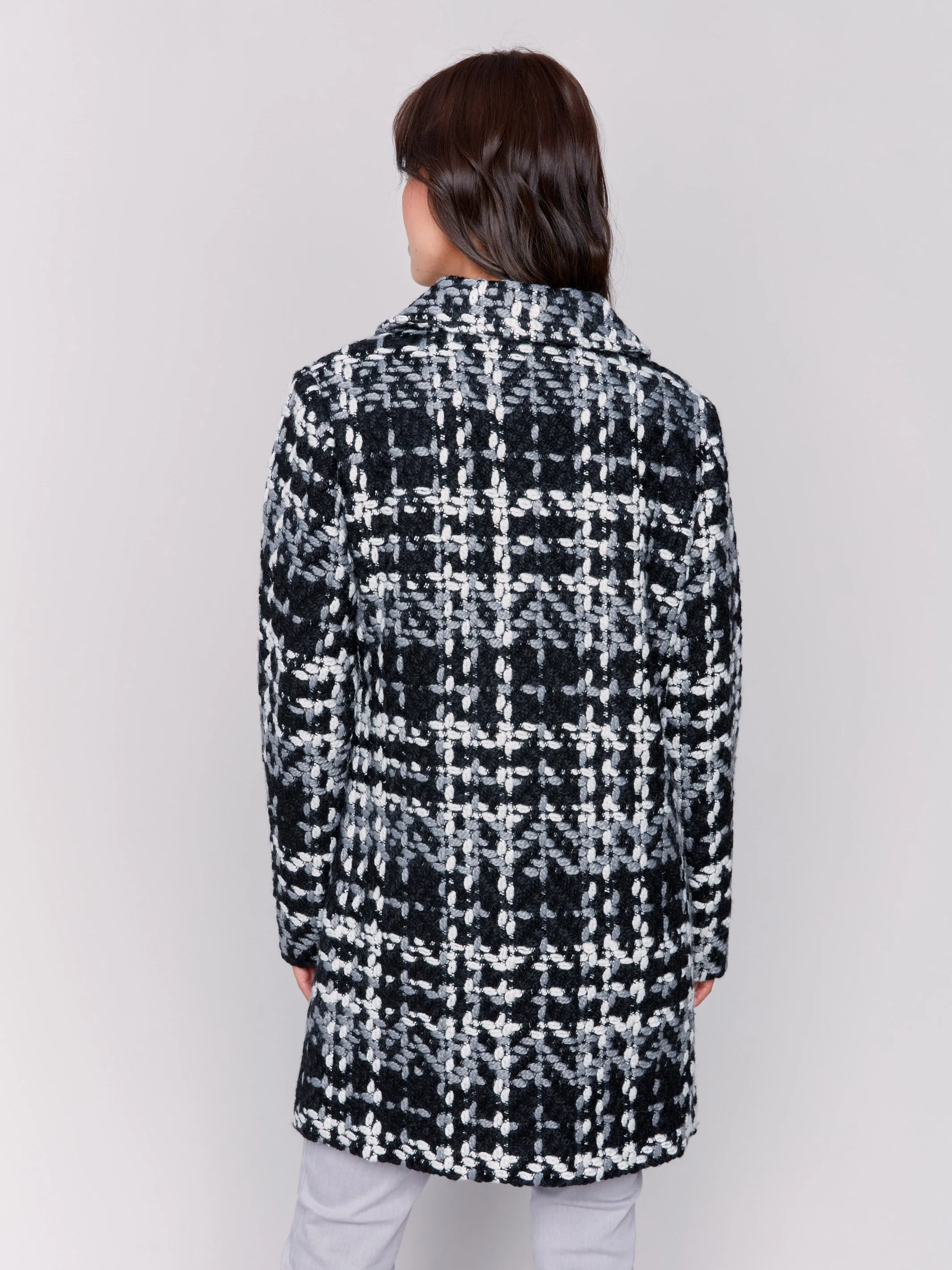 Straight Cut Bouclé Knit Coat - Black & White