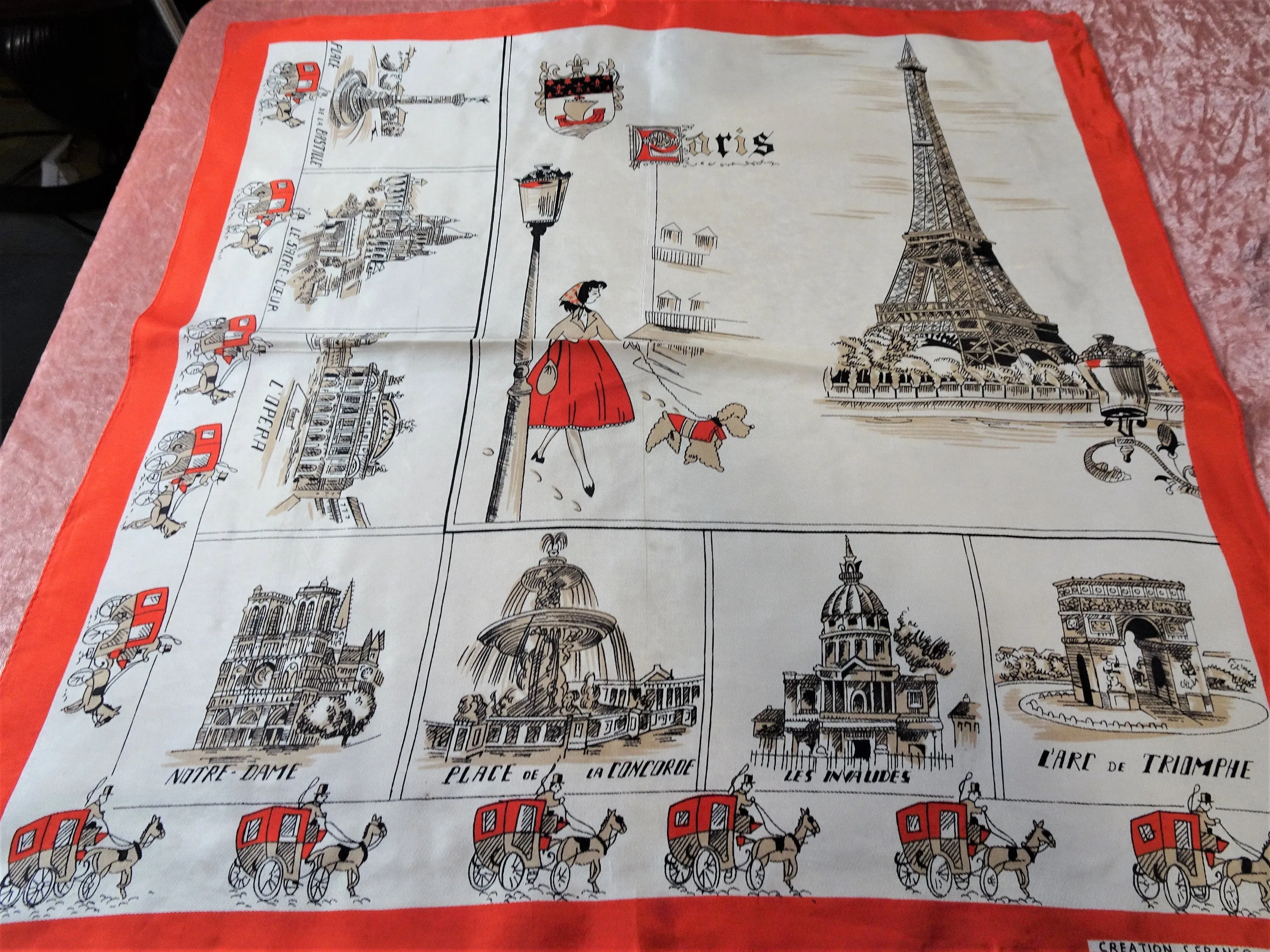 STRIKING Souvenir Scarf,City of PARIS Points of interest Scarf,Poodle Dog, European Scarf,Wear It or Frame it,Collectible Vintage Scarves