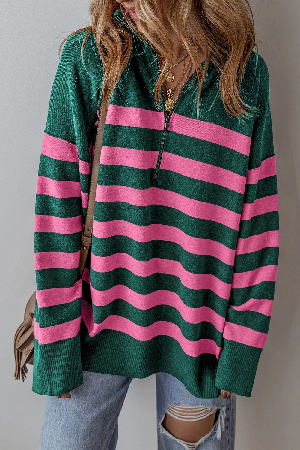 Stripe Collared Quarter Zipper Oversized Sweater